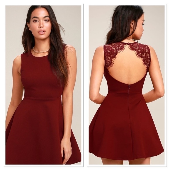 Need You Close Wine Red Lace Backless Skater Dress - Picture 1 of 8